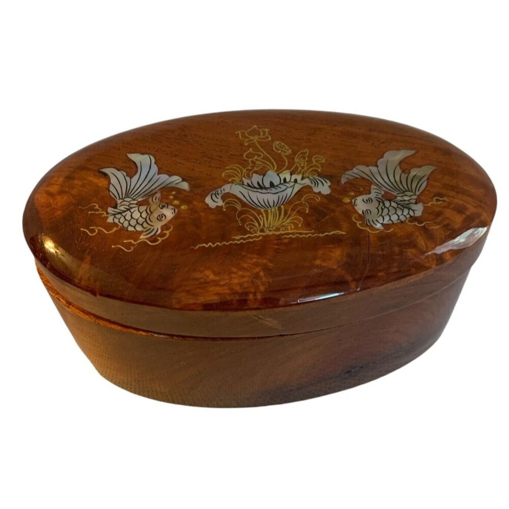 Vintage Mother of Pearl Fish Hinged Oval Brown Wooden Jewelry Trinket Box